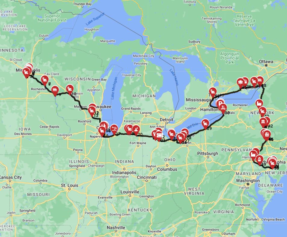 Motorhome route planner for an RV trip from Minneapolis to Philadelphia